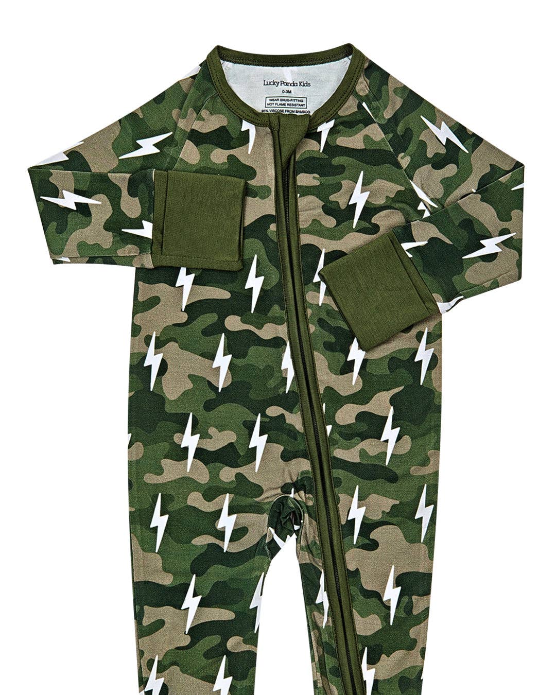 Green Camo Bolts Bamboo Zip Romper