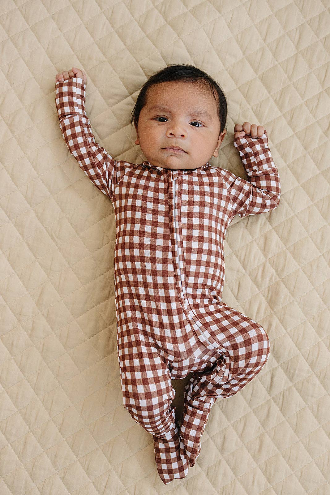 Chocolate Gingham Bamboo Zip Romper