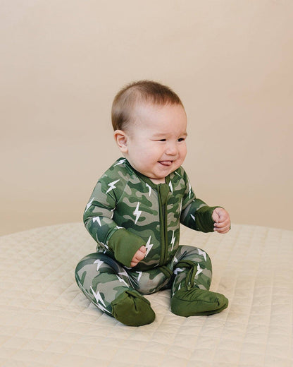 Green Camo Bolts Bamboo Zip Romper