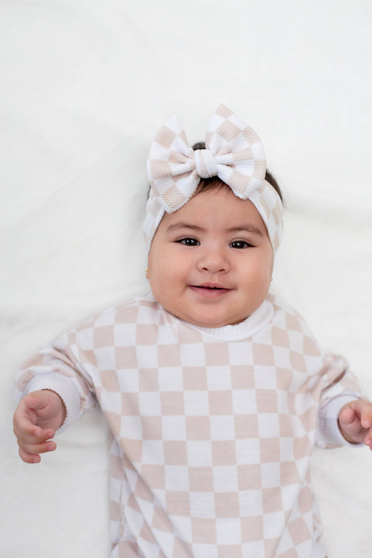 Neutral Checker Headwrap Bow