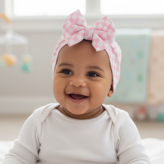 Hot Pink Checker Print Headwrap Bow