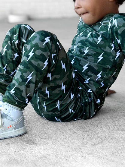 Green Camo Bolts Bamboo Two Piece Set