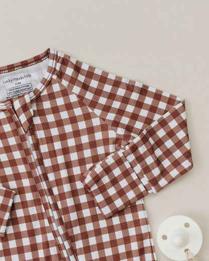 Chocolate Gingham Bamboo Zip Romper