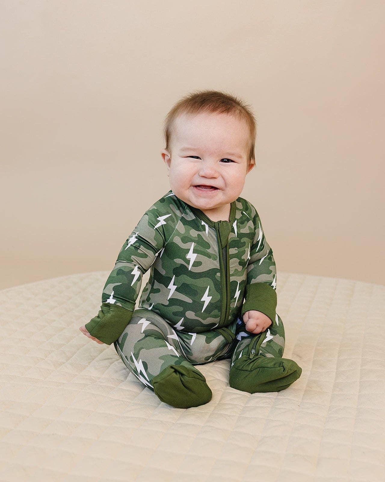 Green Camo Bolts Bamboo Zip Romper