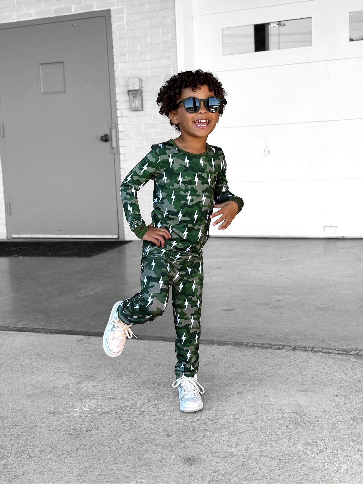 Green Camo Bolts Bamboo Two Piece Set