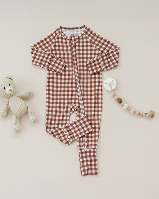 Chocolate Gingham Bamboo Zip Romper