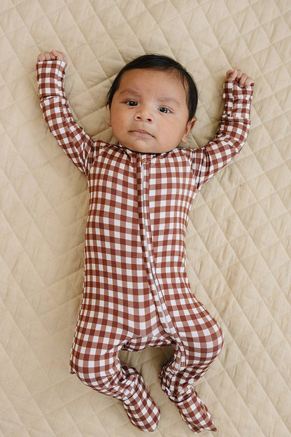 Chocolate Gingham Bamboo Zip Romper