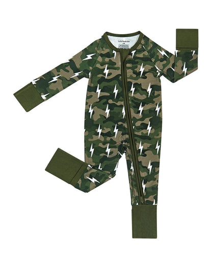 Green Camo Bolts Bamboo Zip Romper