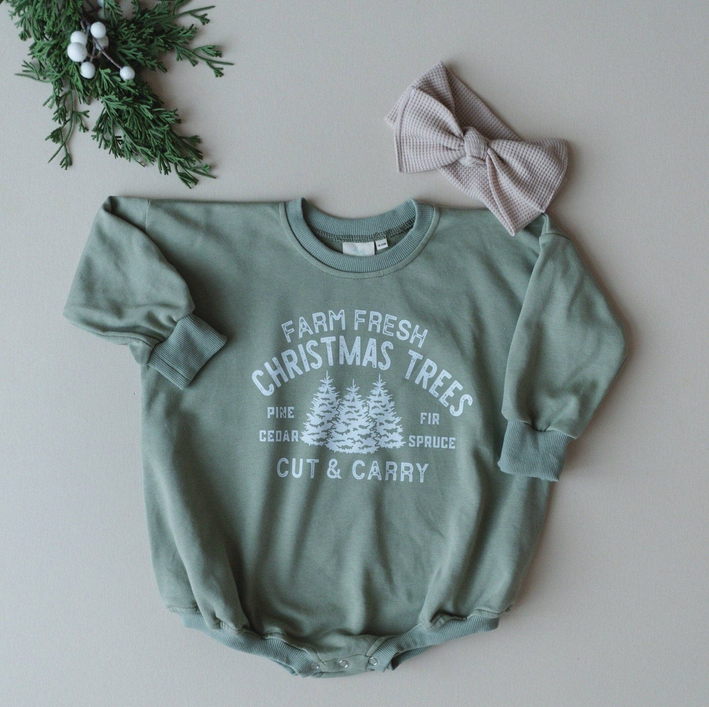 Farm Fresh Christmas Trees Oversized Sweatshirt Romper: Dark Sage