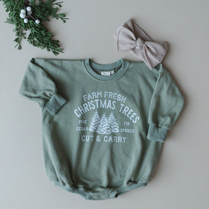 Farm Fresh Christmas Trees Oversized Sweatshirt Romper: Dark Sage