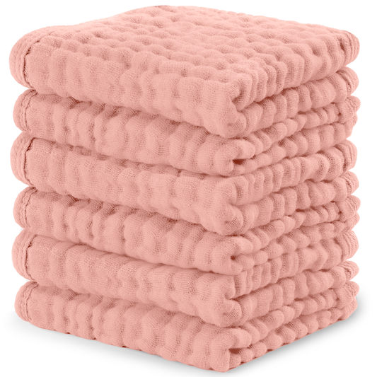 Bold Blush Muslin Baby Washcloths, Soft 10"x10" Cotton by Comfy Cubs / 6-Pack 10”X10”