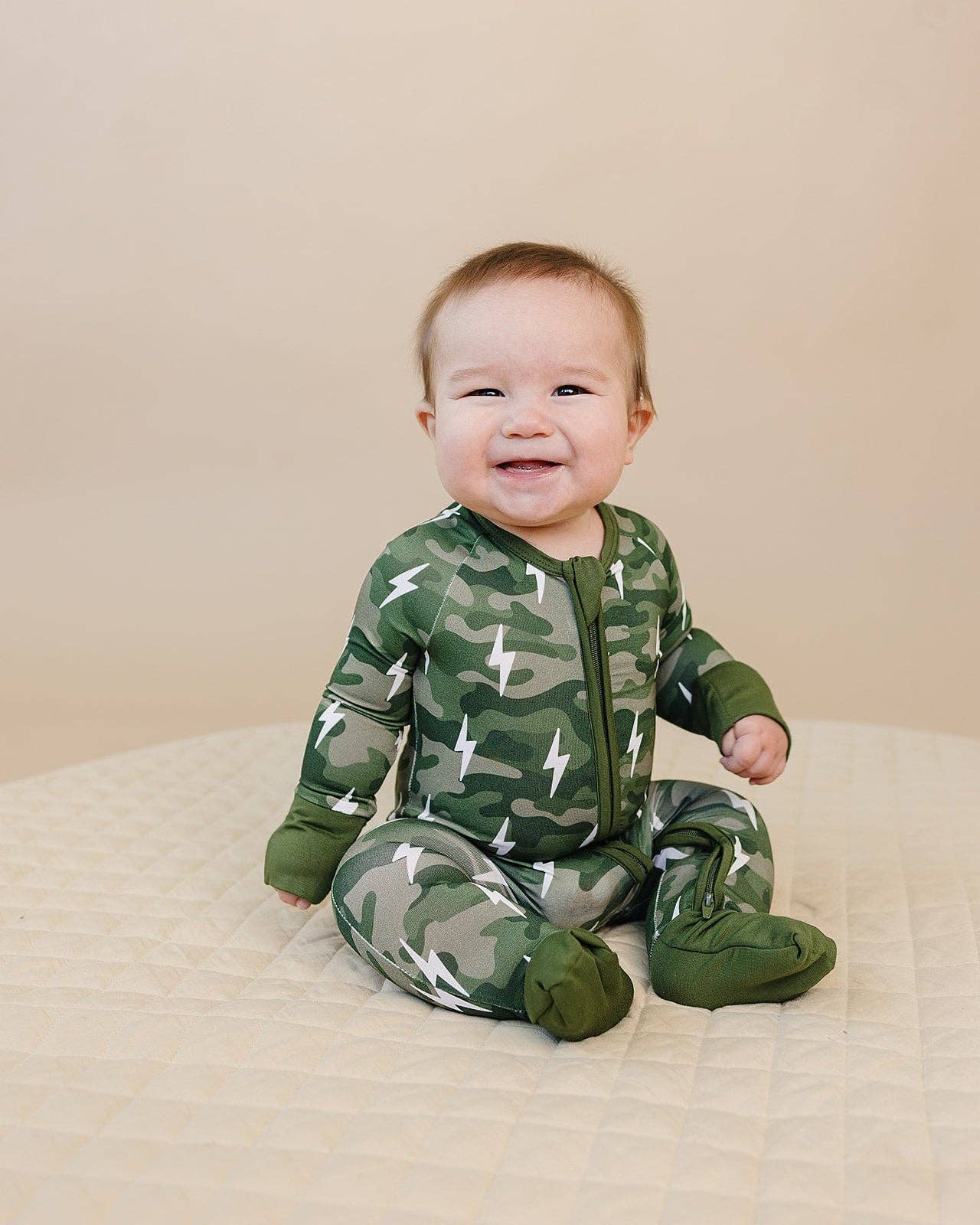 Green Camo Bolts Bamboo Zip Romper