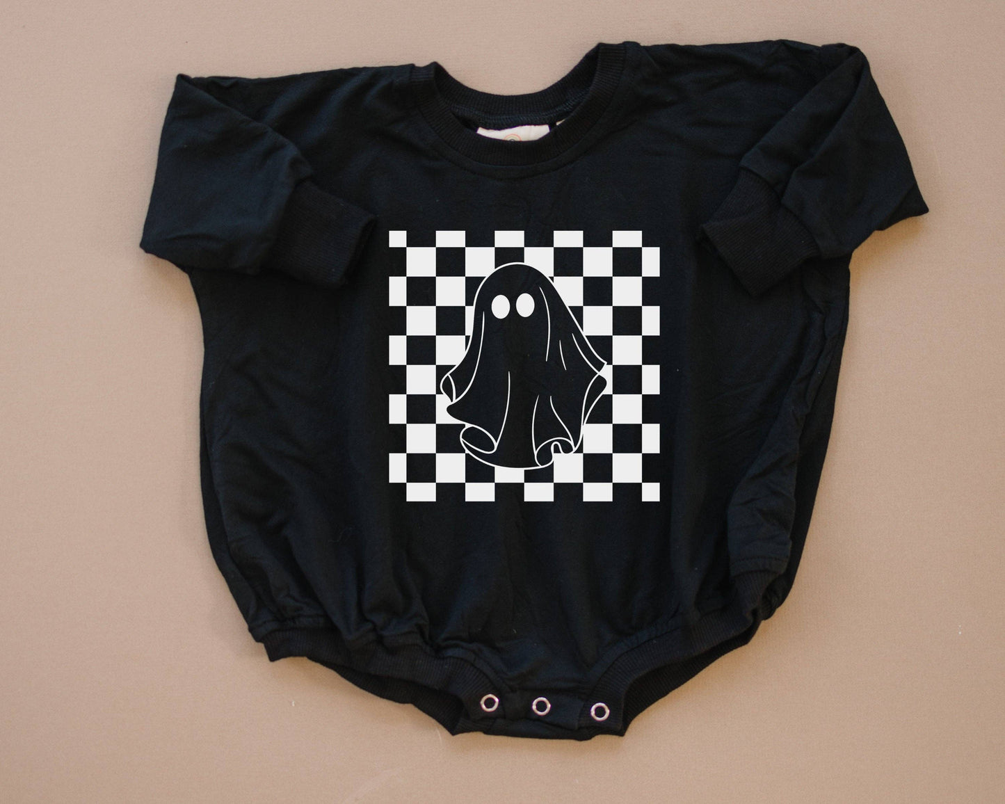 Checkered Ghost Bamboo Bubble Romper Baby Halloween: Black