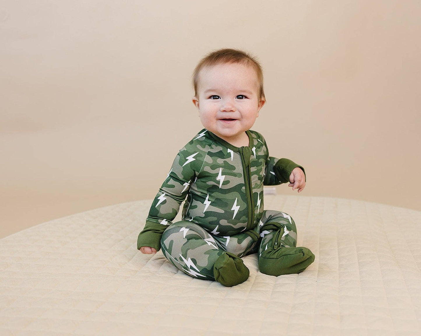 Green Camo Bolts Bamboo Zip Romper