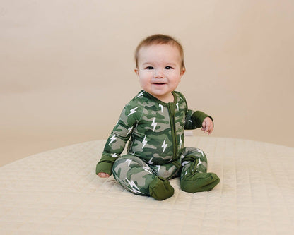 Green Camo Bolts Bamboo Zip Romper