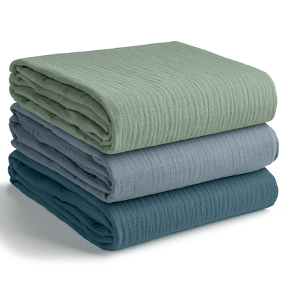 Muslin Swaddle Blankets Pack of 3 by Comfy Cubs: Neptune - Pacific Blue - Fern