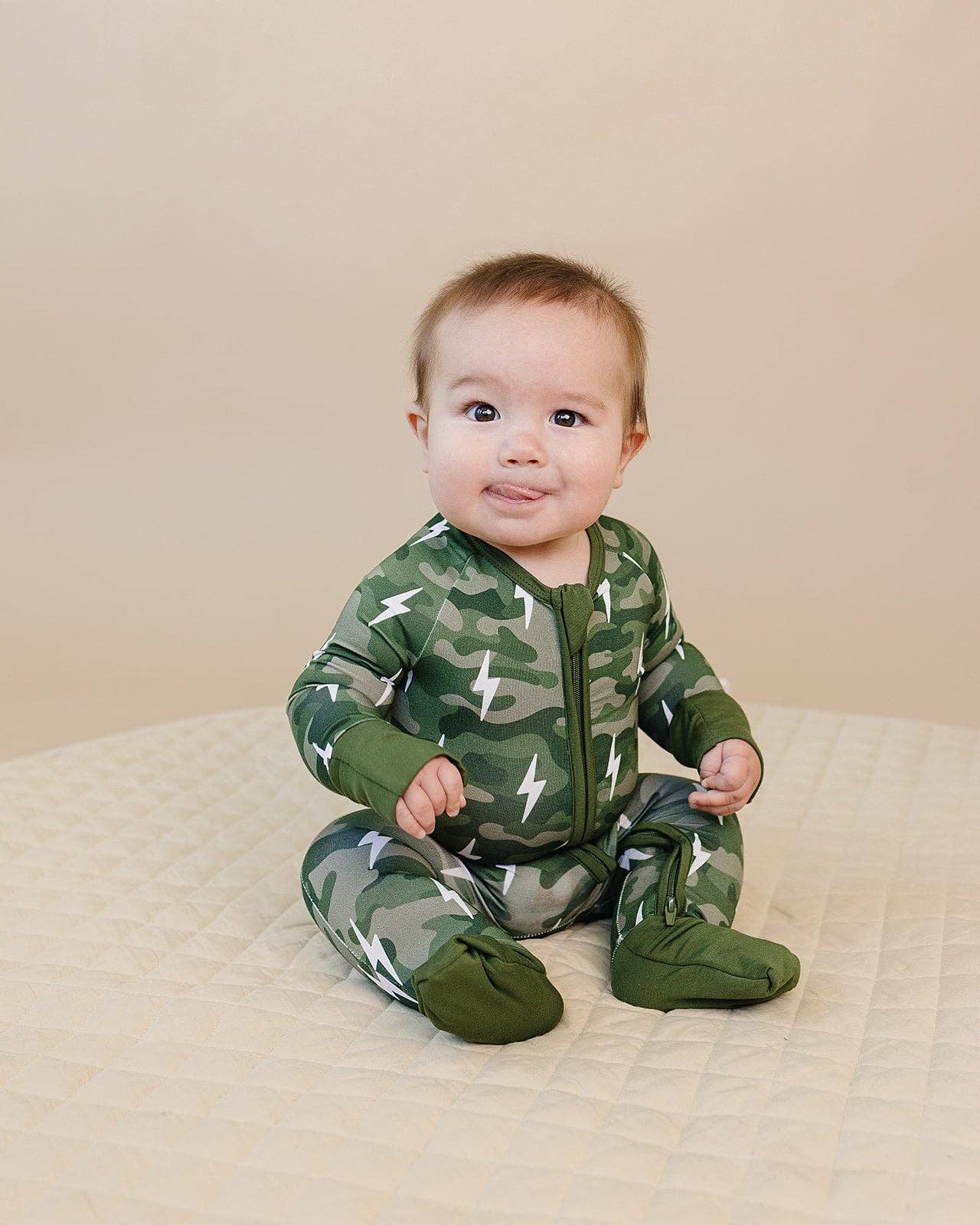 Green Camo Bolts Bamboo Zip Romper