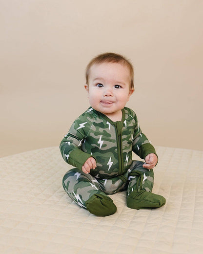 Green Camo Bolts Bamboo Zip Romper