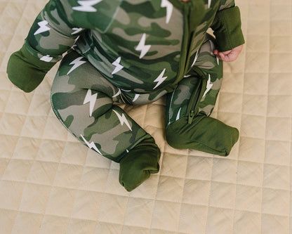 Green Camo Bolts Bamboo Zip Romper