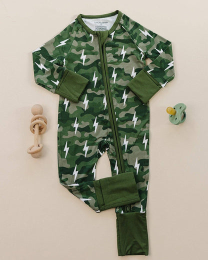 Green Camo Bolts Bamboo Zip Romper