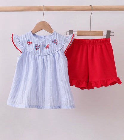 Patriotic Embroidery Sis Short Set