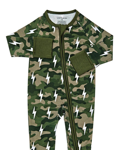 Green Camo Bolts Bamboo Zip Romper