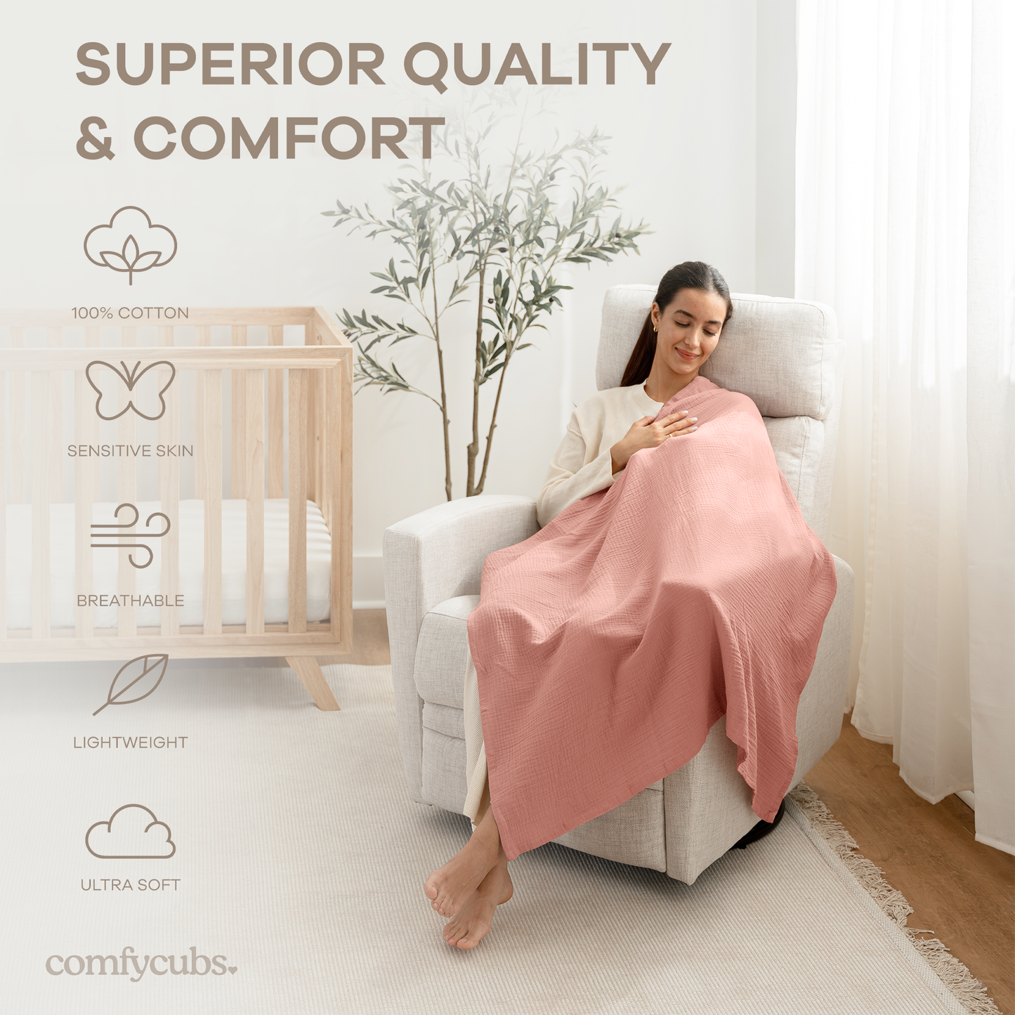 Muslin Swaddle Blankets Pack of 3 by Comfy Cubs: Blush - Bold Blush - Dusty Rose