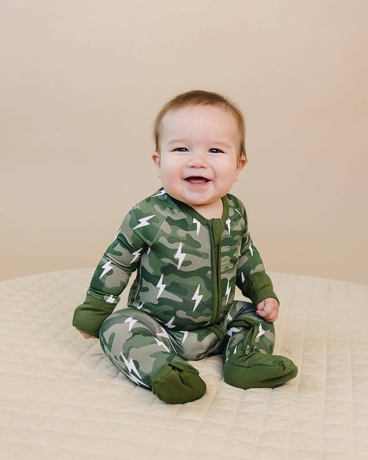 Green Camo Bolts Bamboo Zip Romper