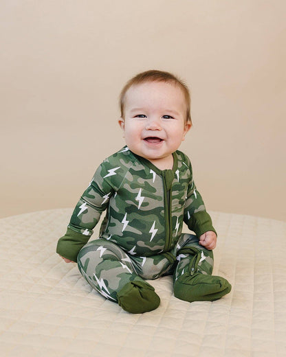 Green Camo Bolts Bamboo Zip Romper