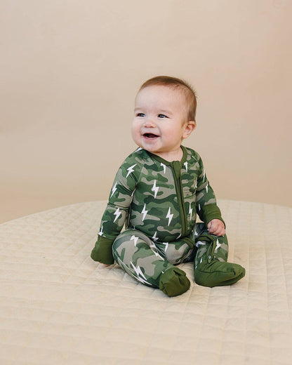 Green Camo Bolts Bamboo Zip Romper