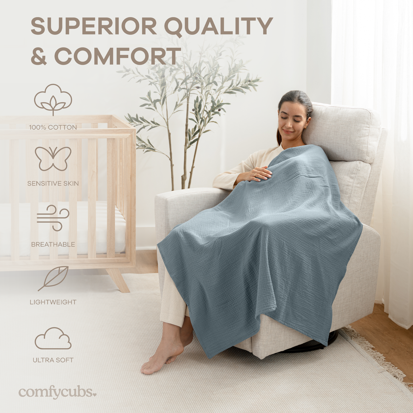 Muslin Swaddle Blankets Pack of 3 by Comfy Cubs: Neptune - Pacific Blue - Fern