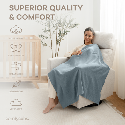 Muslin Swaddle Blankets Pack of 3 by Comfy Cubs: Neptune - Pacific Blue - Fern