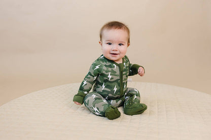 Green Camo Bolts Bamboo Zip Romper