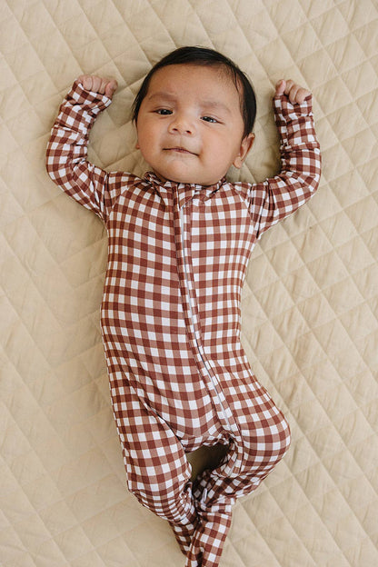 Chocolate Gingham Bamboo Zip Romper